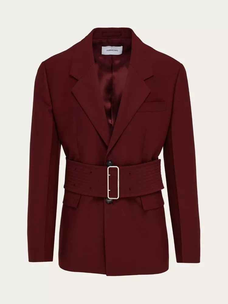 コート FERRAGAMO COAT (13G151777632 BORDEAUX) Single Breasted Belted Jacket by FERRAGAMO at THE MILE