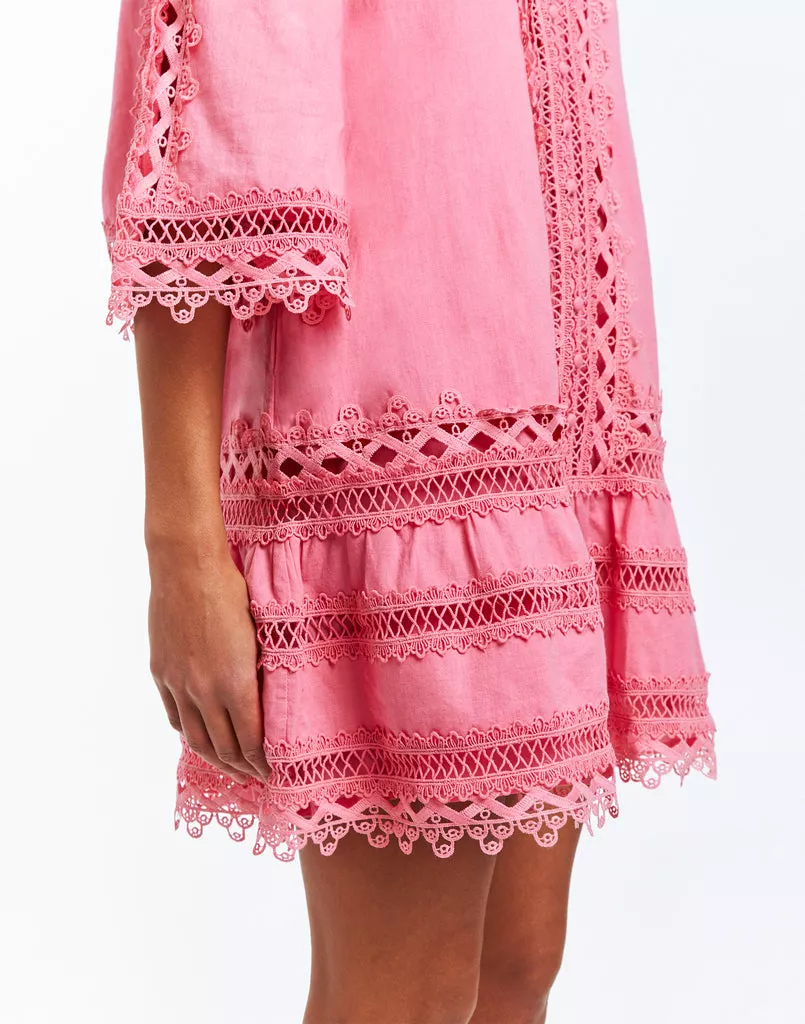 strapless open back dress High Quality French Lace Short Blush Pink Bridesmaid Dress  misaislestyle