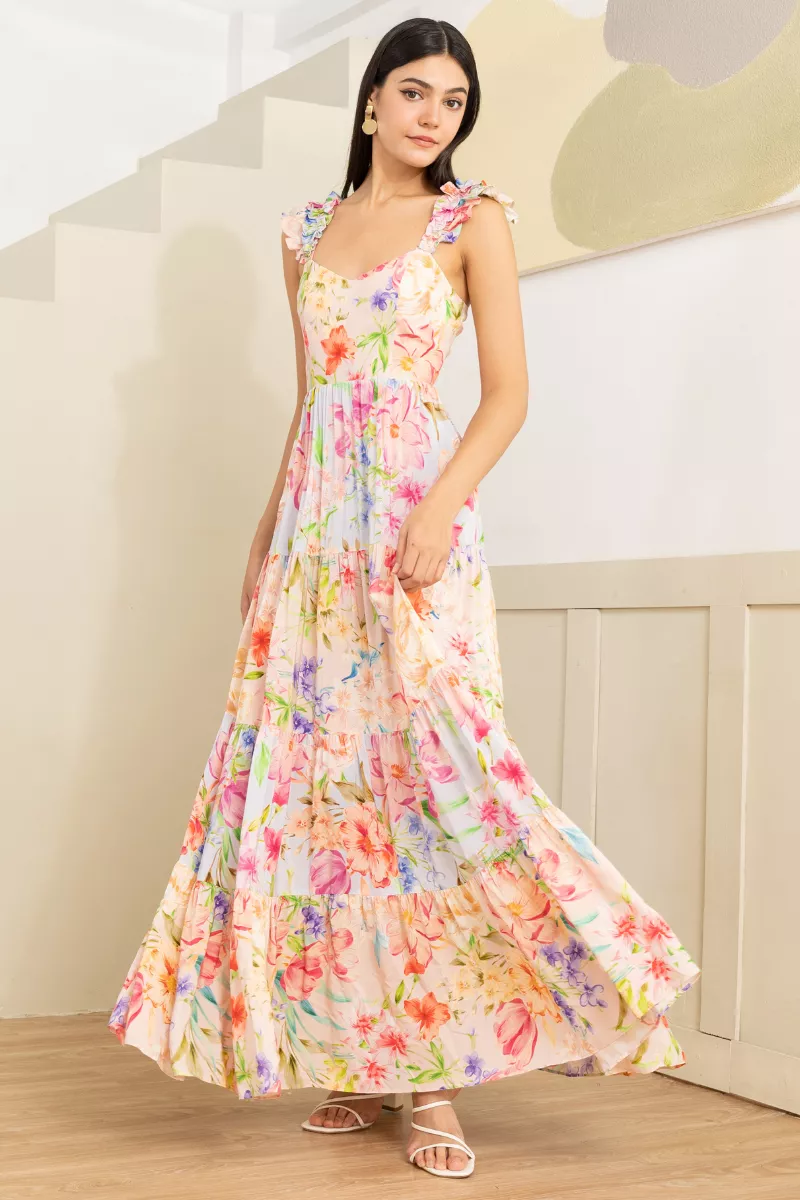 v neck satin maxi dress Satin V-Neck Ruffle Tier Maxi Dress
