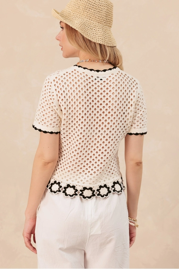 Michele Short Sleeve Knit Top With Crochet Flower Hem by 27