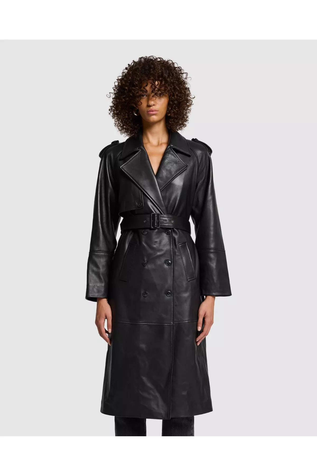 Italian Leather Trench Coat In Black by 7 For All Mankind at THE MILE
