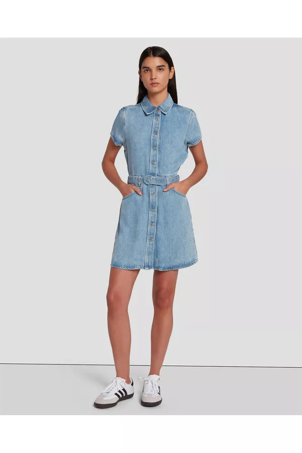 Denim Lustre Shirt Dress In Volcan Blue by 7 For All Mankind at