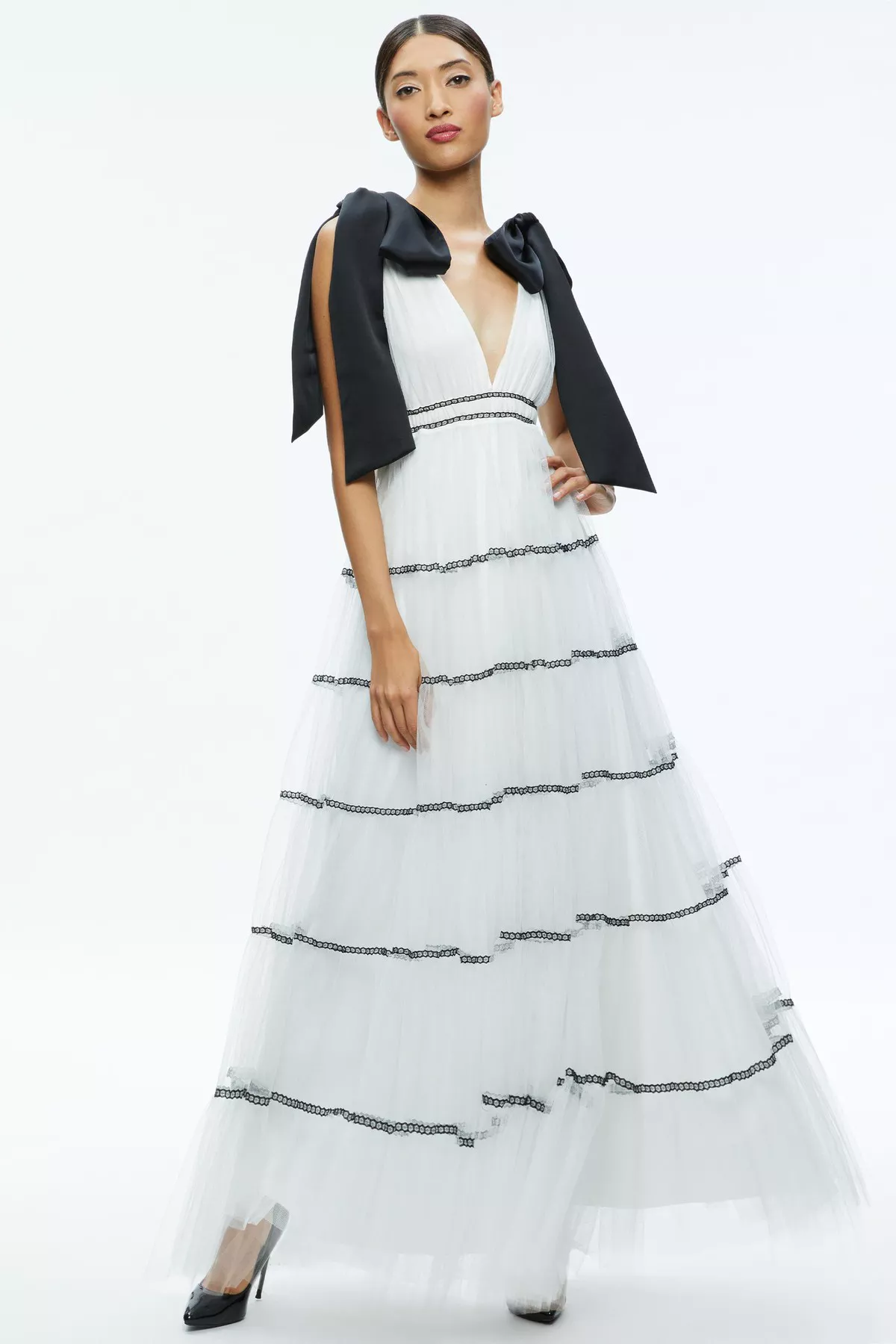Jessalyn Bow Strap Tiered Maxi Gown by alice + olivia at THE MILE