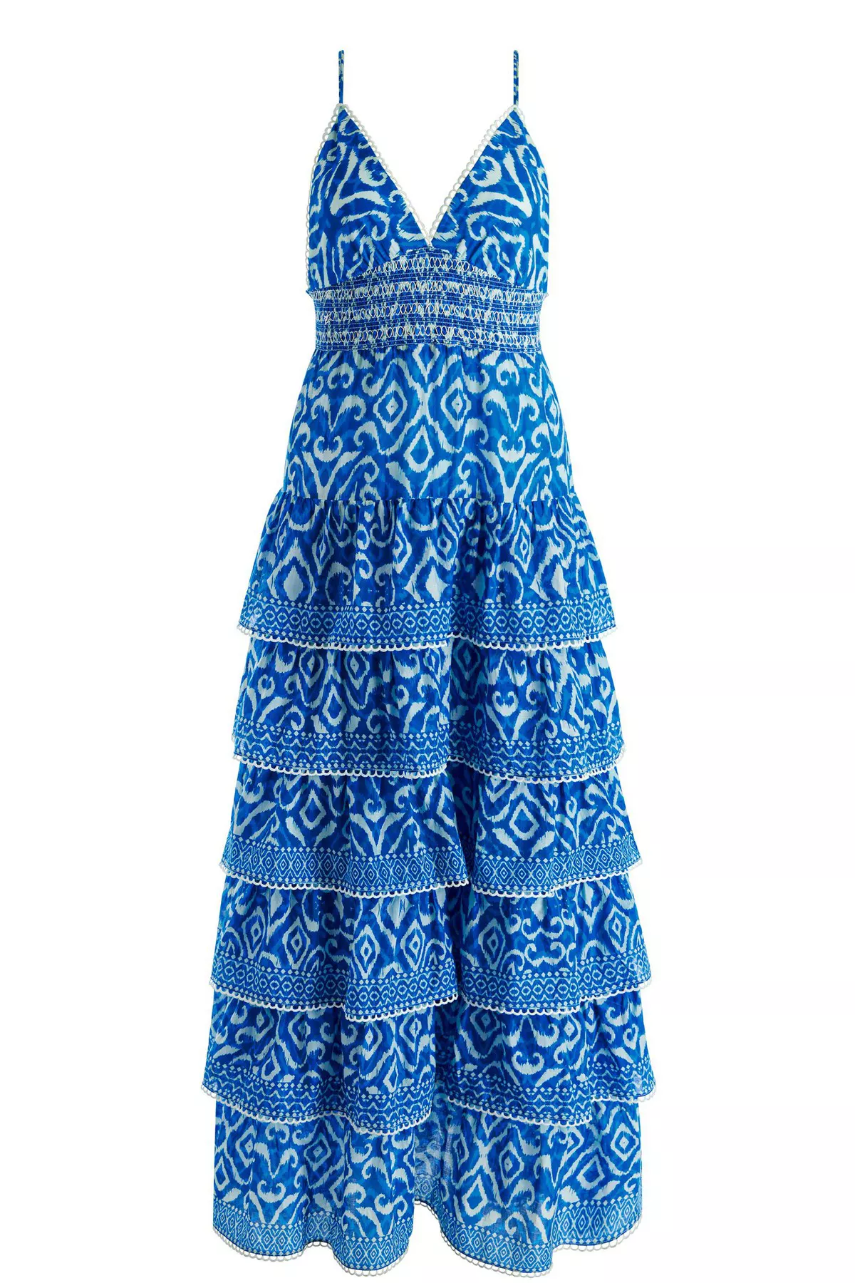 imogene ikat print tiered open back maxi dress Alice+Olivia Imogene Mixed-Print Tiered Ruffle Maxi Dress Cotton S New  282107