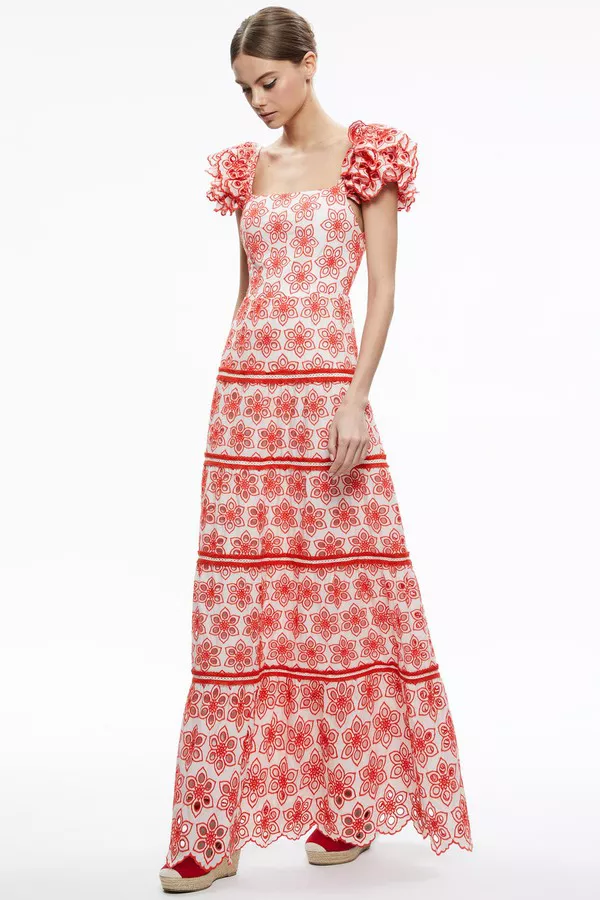 Tawny Square Neck Ruffle Tiered Maxi Dress by Alice + Olivia