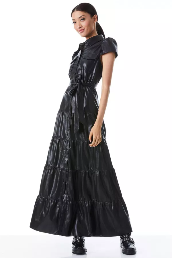 Miranda Vegan Leather Tiered Maxi Dress by alice + olivia at THE MILE Miranda Vegan Leather Tiered Maxi Dress by alice + olivia at THE MILE
