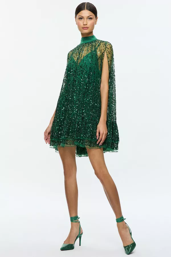 alice and olivia green dress CORINE MINI in FOREST while the mock neck gives it a polished Zenon Cape Mini Dress by
