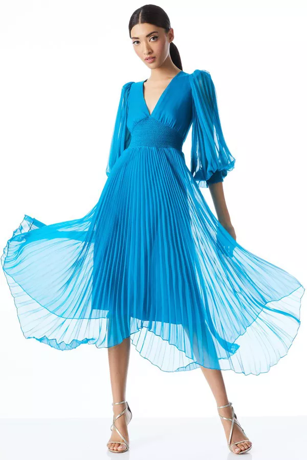 Sion Sunburst Pleated Smocked Waist Midi Dress by alice + olivia... Sion Sunburst Pleated Smocked Waist Midi Dress by alice + olivia...