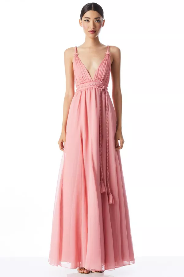 Carisa Deep V-Neck Gown With Braided Belt by Alice + Olivia