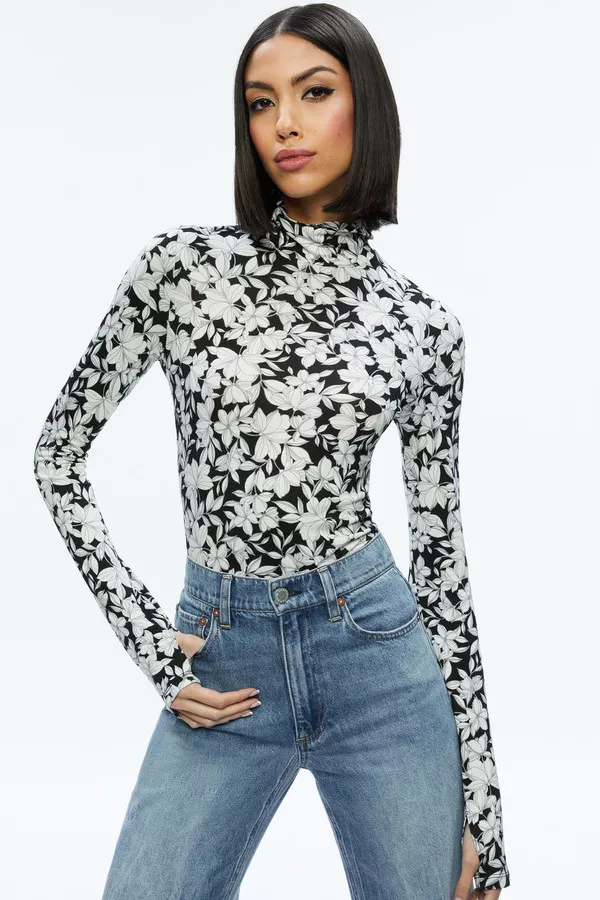 【Alice+Olivia】DELAINA 花柄 長袖 タートルネック トップス Alice and Olivia Delaina Floral Printed Turtleneck Top