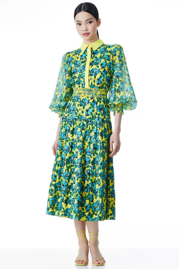 Anaya Collard Tiered Midi Dress by alice + olivia at THE MILE Anaya Collard Tiered Midi Dress by alice + olivia at THE MILE