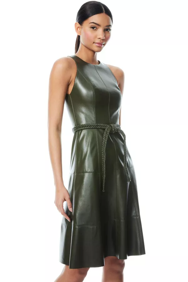 alice and olivia leandra vegan leather dress Alice + Olivia Leandra Faux Leather Dress In Olive - 33% Off