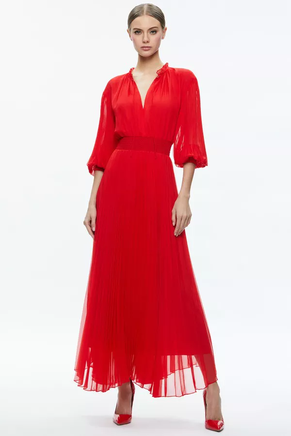 Vernia Blouson Sleeve Pleated Maxi Dress by alice + olivia at THE MILE