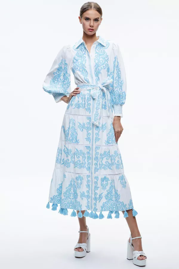 Shira Embroidered Midi Tiered Dress by alice + olivia at THE MILE Shira Embroidered Midi Tiered Dress by alice + olivia at THE MILE