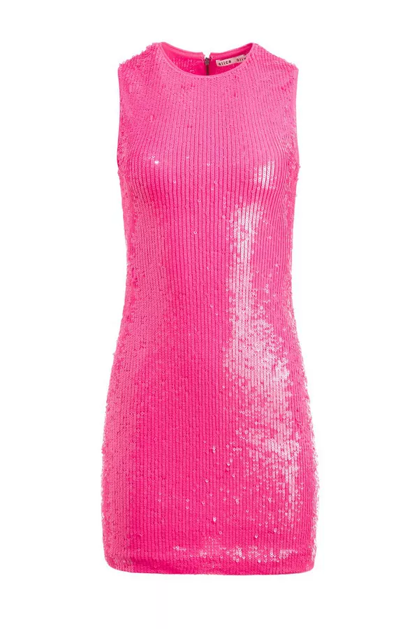 alice and olivia pink sequin dress beaded silver 7% elastane with 100% polyester contrast Dry clean Imported Alice and Olivia Delaina Sequin