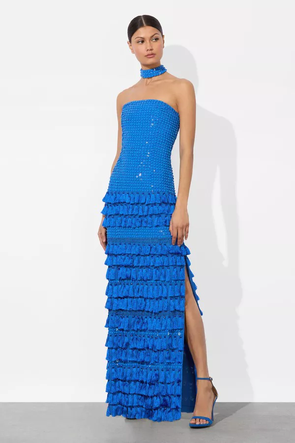 alice and olivia blue maxi dress Beaded Collar Tweed Mini Dress with Pleated Hem - Sky Blue main image 1