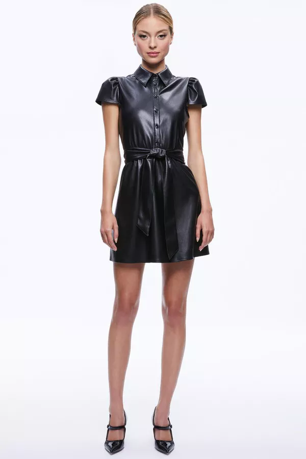 alice and olivia vegan leather dress LURLENE SHORT SLEEVE VEGAN LEATHER MINI DRESS in OFF WHITE