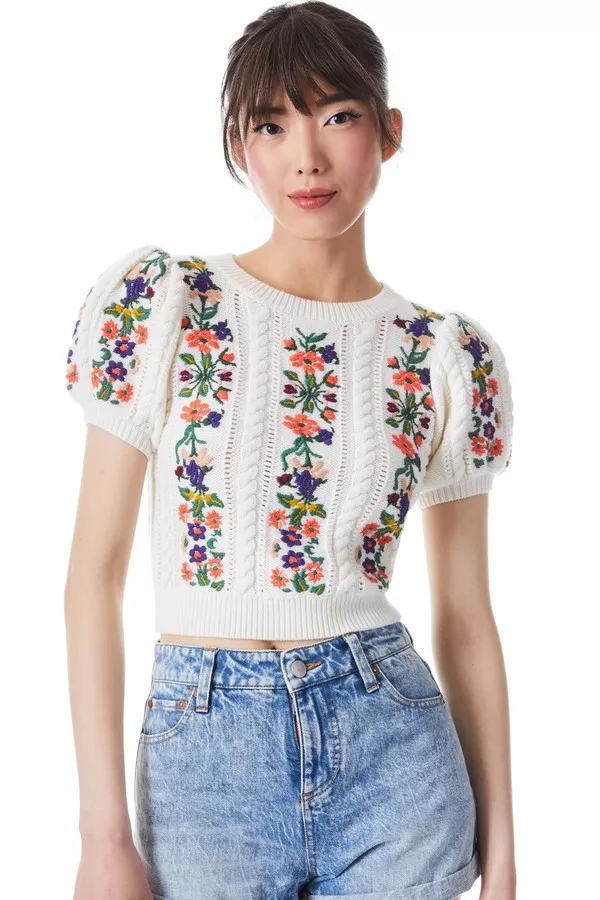 Alice+Olivia - 美品新作alice+oliviaフローラル刺繍×パフスリーブ サマーニット 半袖 Daren Puff Sleeve Pullover by alice + olivia at THE MILE