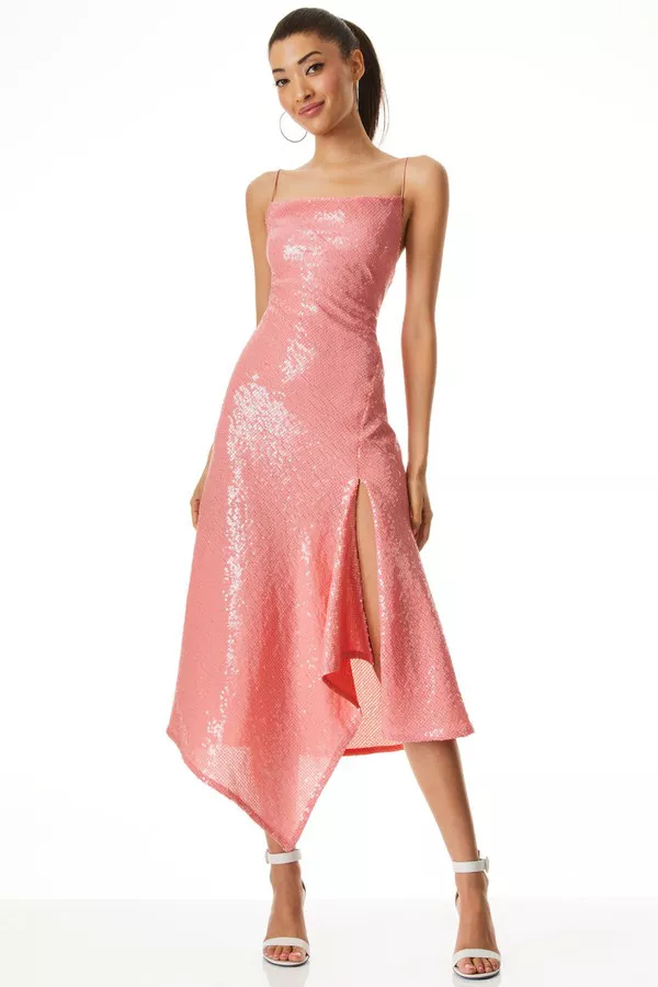 navy blue dress for baby girl ALICE + OLIVIA Harmony Drapey Asymmetric Midi Dress w/ Slit main image 0