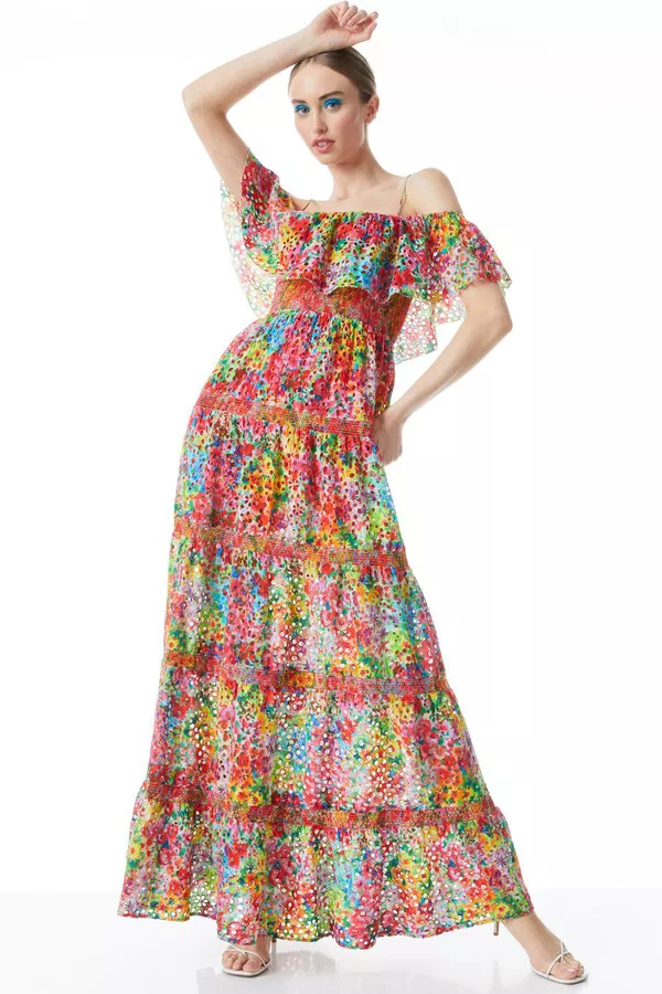 Kia Eyelet Cold Shoulder Maxi Dress by alice + olivia at THE