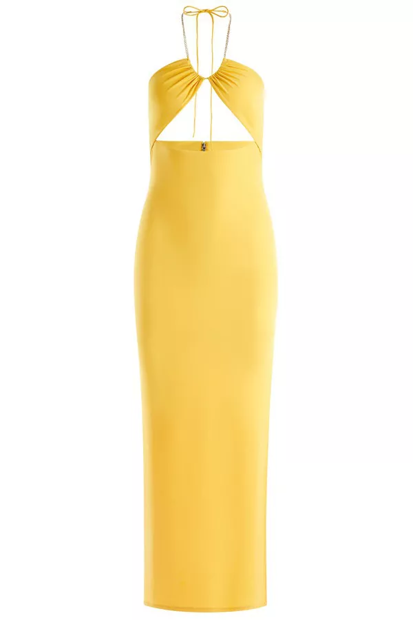 knee length dresses for ladies Alice + Olivia Juniper Lemon Yellow Eyelet Spaghetti Maxi Dress – The  Closet New York main image 0