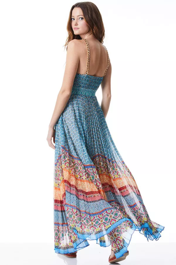 gloria chain strap pleated maxi dress GLORIA CHAIN STRAP PLEATED MAXI DRESS in OCEAN BLUE