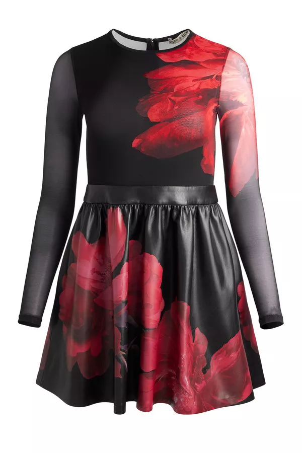chinese dress ladies alice + olivia Women's Chara Long Sleeve Lace Vegan Pleated Mini Dress,  Black, 0 at Amazon Women's Clothing store