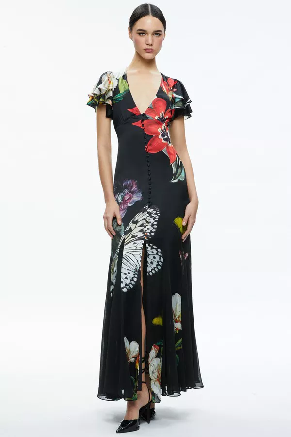 knee length dresses for ladies alice + olivia Henrietta Fitted Full Flare Maxi Dress with Tie Belt in  English Rose main image 1