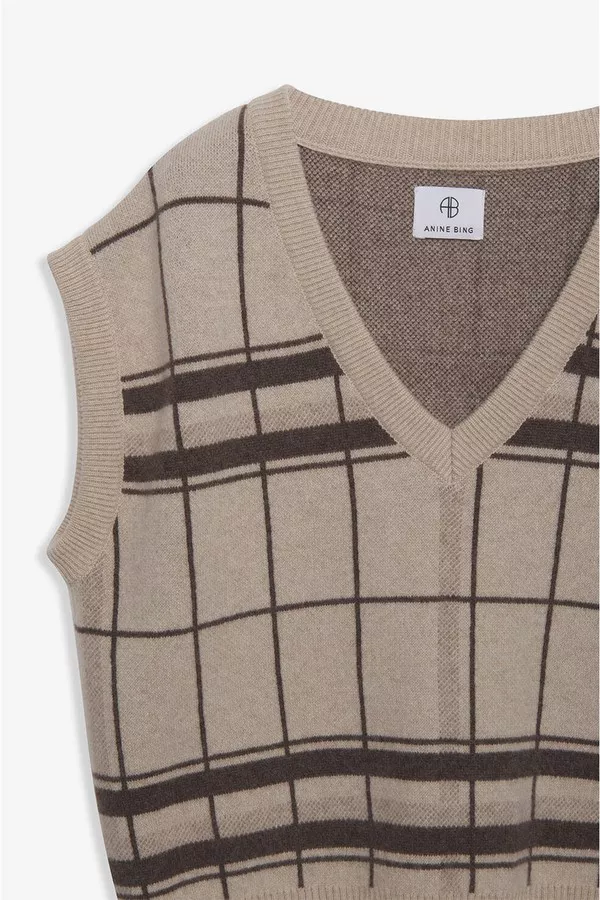Fiona Sweater Vest Khaki Plaid by ANINE BING at THE MILE - Main Image