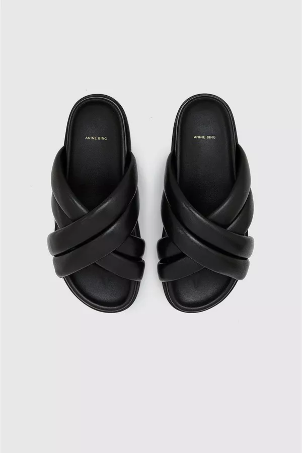 【関税込み】Lizzie Slides - Anine Bing - Leather - Black ANINE BING Lizzie Leather cross-strap Slides | Black | FARFETCH