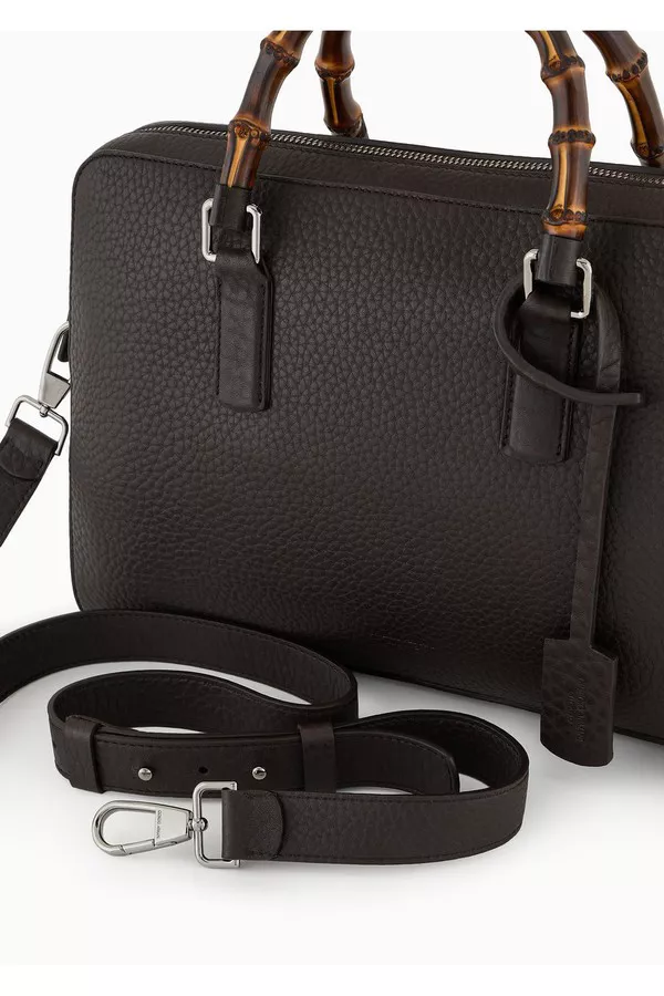 Tumbled Leather Briefcase With Bamboo Handles by Giorgio Armani