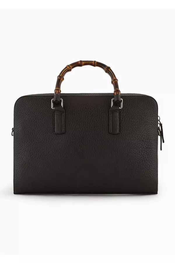 Tumbled Leather Briefcase With Bamboo Handles by Giorgio Armani