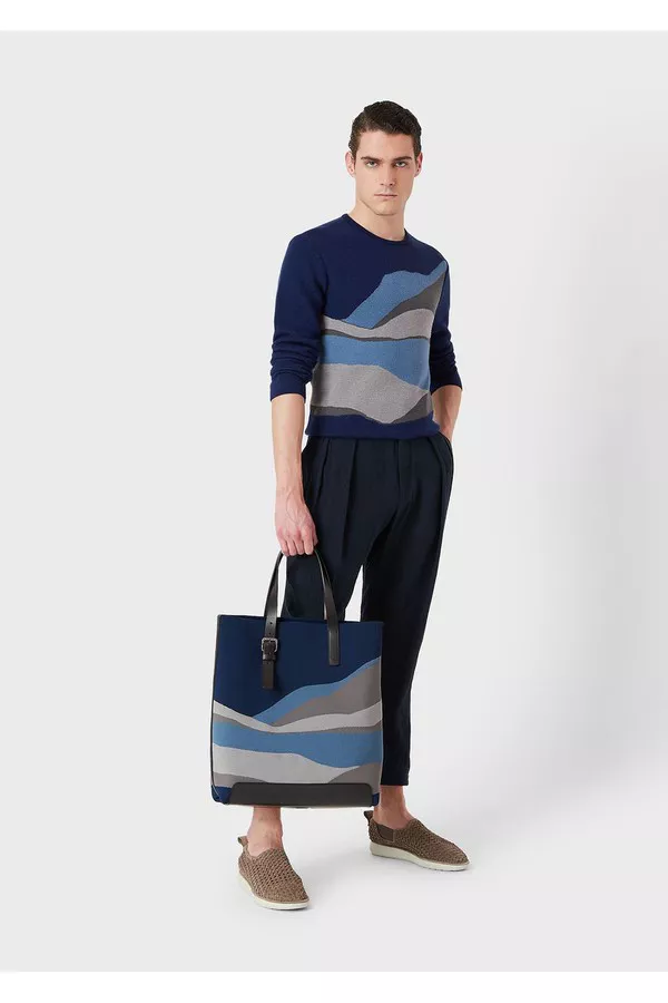 Leather And Jacquard Knit Shopper Bag by Giorgio Armani Men at THE