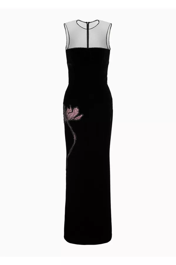 Long Velvet Dress With Floral Embroidery by Giorgio Armani at THE MILE