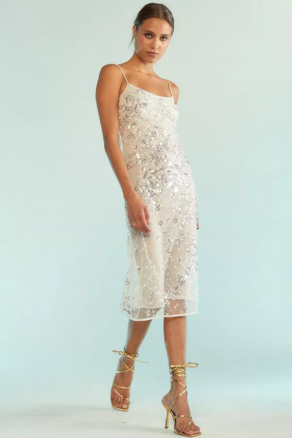 knee length dresses for ladies Long Sleeve Crystal Dress LRG / Ivory Silver