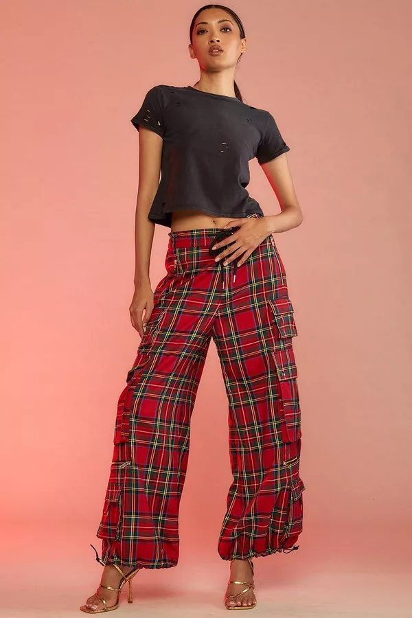 パンツ Plaid Cargo Pants 36 Size 32x31 Bee Bell Japan Flared Cargo Pants Tartan Plaid