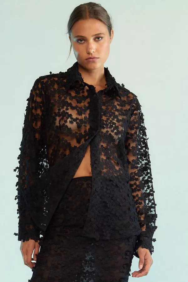 3D Embroidered Tulle Button Down Shirt by Cynthia Rowley at THE MILE