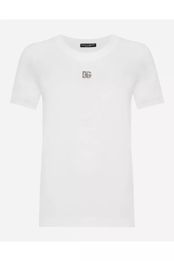 Cotton T-Shirt With Crystal Dg Logo by Dolce & Gabbana at