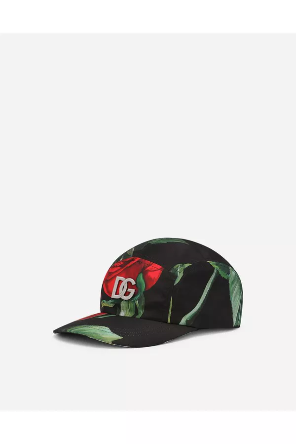 Nylon Baseball Cap With Red Rose Print by Dolce & Gabbana at