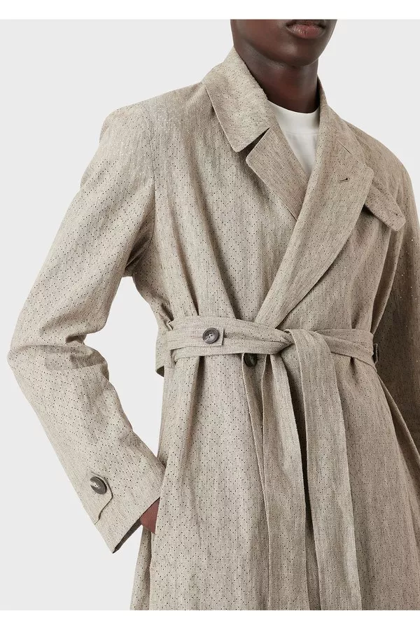 Coated Linen Trench Coat With Openwork Chevron Motif by Emporio