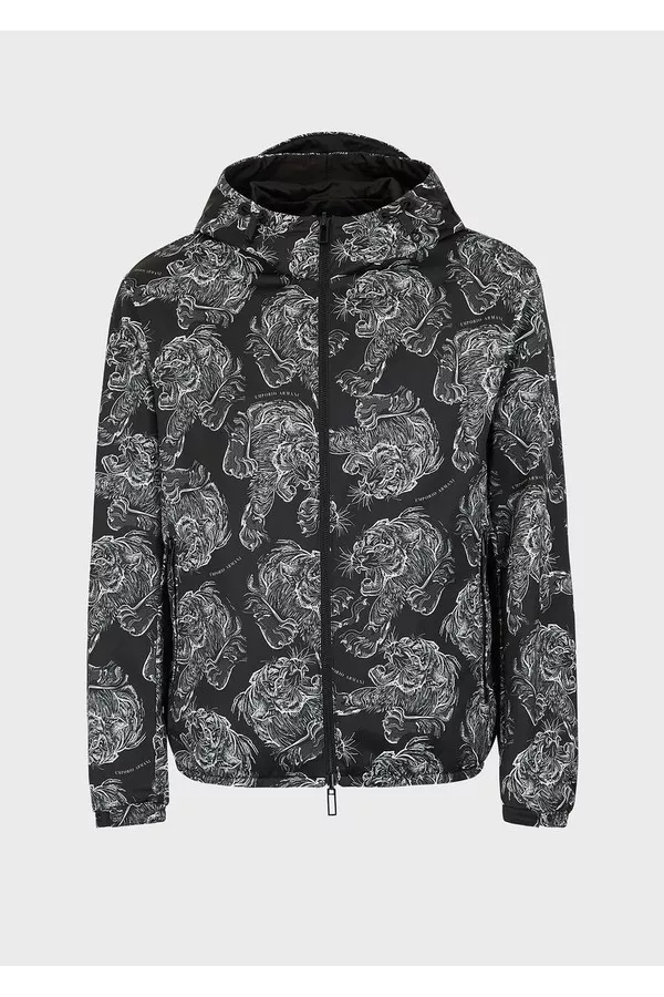 Reversible Blouson With Hood And All-Over Tiger by Emporio Armani
