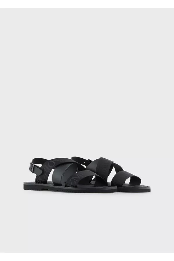 Leather Cross-Over Sandals With Logo Tape by Emporio Armani