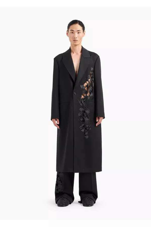 Single-Breasted Coat In Compact Virgin Wool Gabardine With Ginkgo