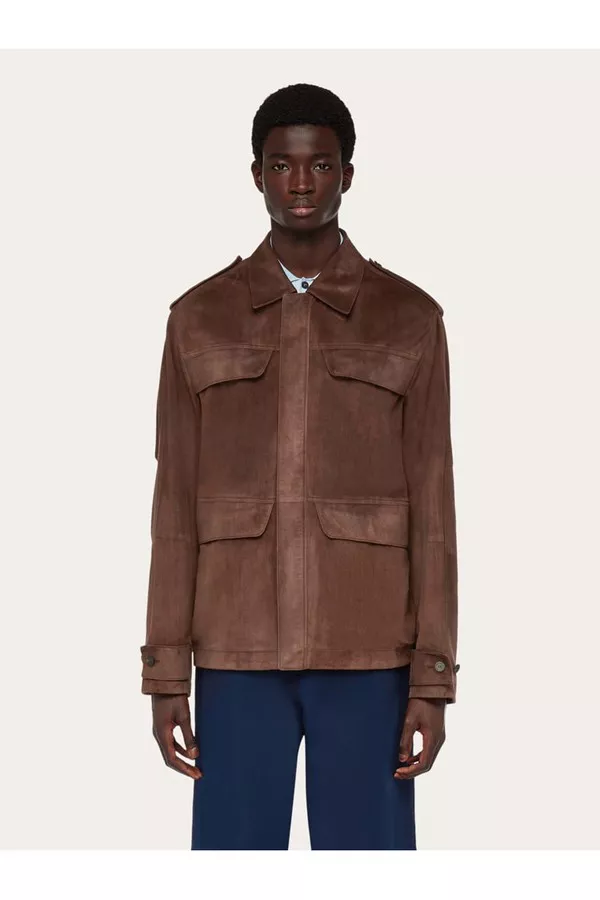 SALVATORE FERRAGAMO 38 Brown Suede Grey Collar Jacket – Sui