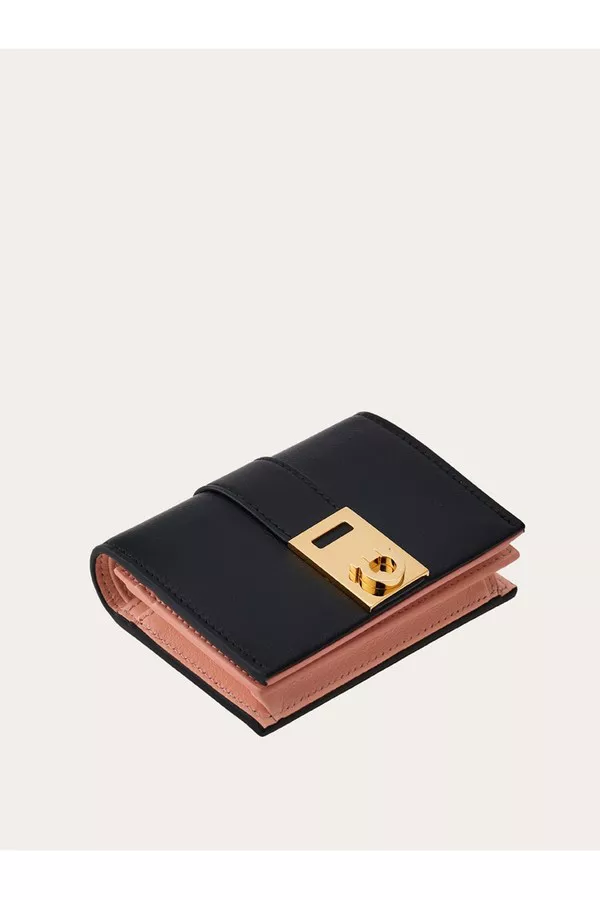 ■FERRAGAMO■ Hug Compact Two-Tone Wallet Black Nylon Pink 2 Hug Compact Two-Tone Wallet by FERRAGAMO at THE MILE