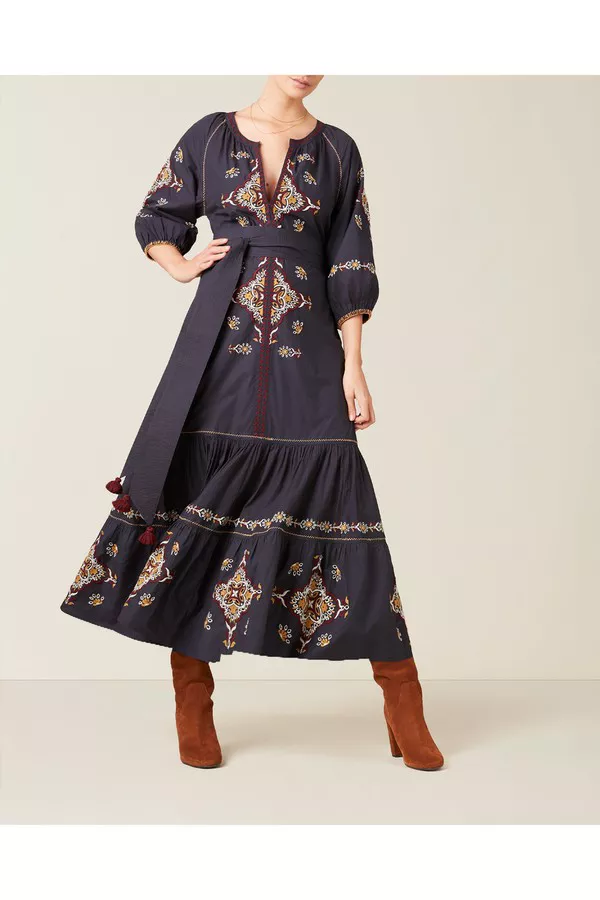 sachin and babi light blue dress Eunsisa New Winter Round Neck Dress Black Embroidered Rose Patch