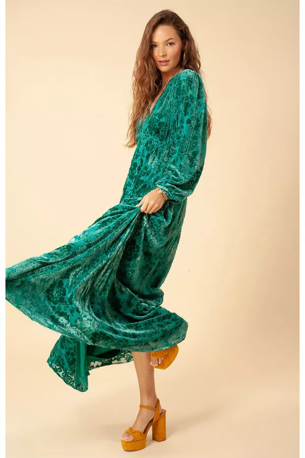 green emerald velvet dress Hale Bob DREAM Tiered Chiffon Dress In Green 45WR642A  Izzi of Baslow