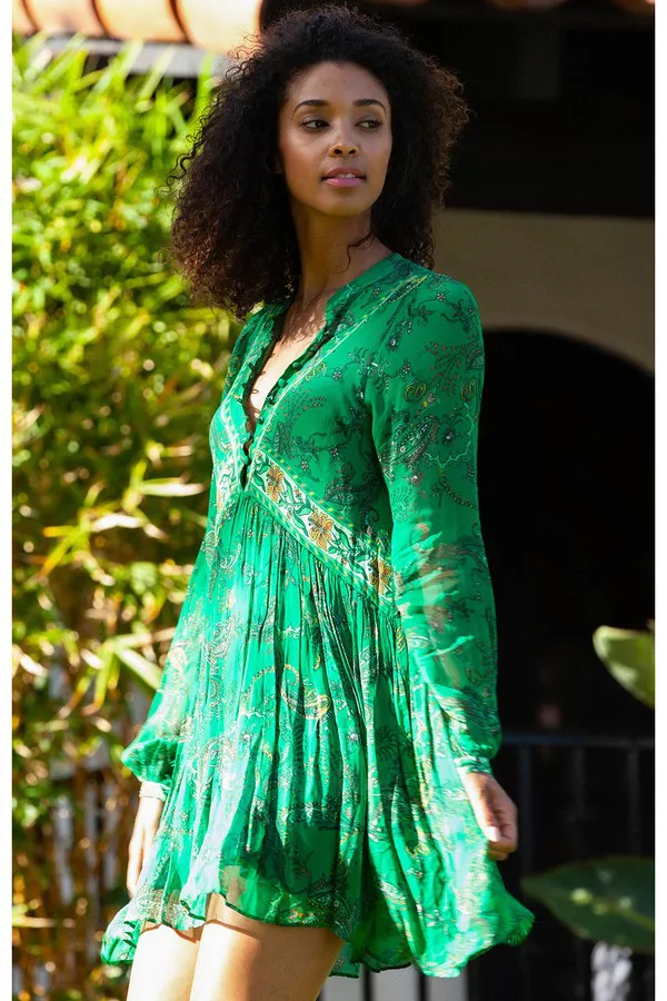 green emerald velvet dress Hale Bob DREAM Tiered Chiffon Dress In Green 45WR642A  Izzi of Baslow