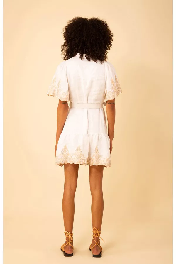 knee length dresses for ladies Paris Linen Halter Dress with Flower Detail | Bohomey