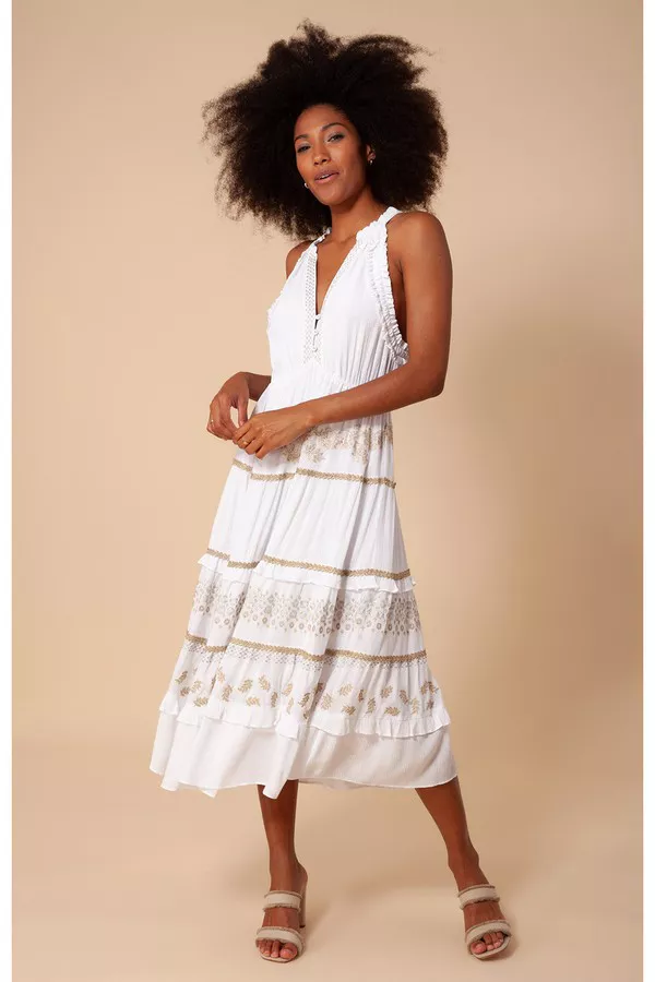 Becky Embroidered Crinkle Gauze Midi Dress by Hale Bob at THE MILE